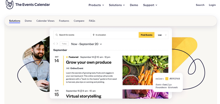 The Events Calendar landing page
