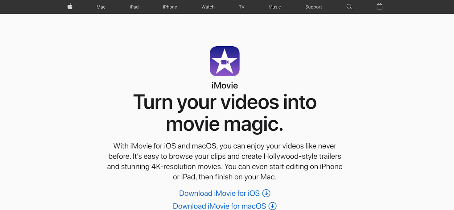 iMovie homepage