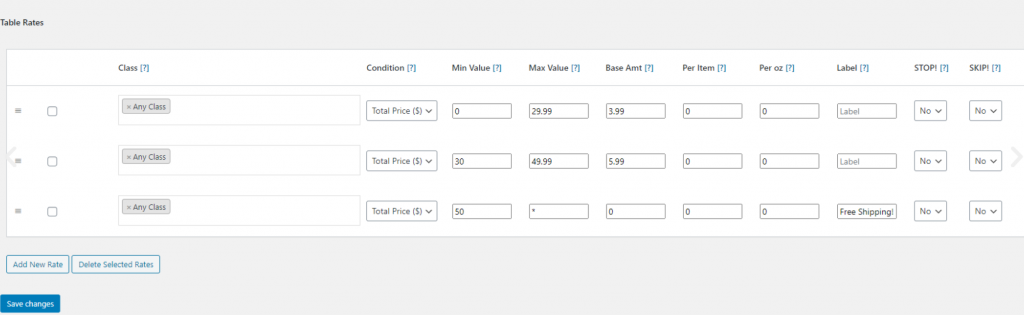 Shipping table rates