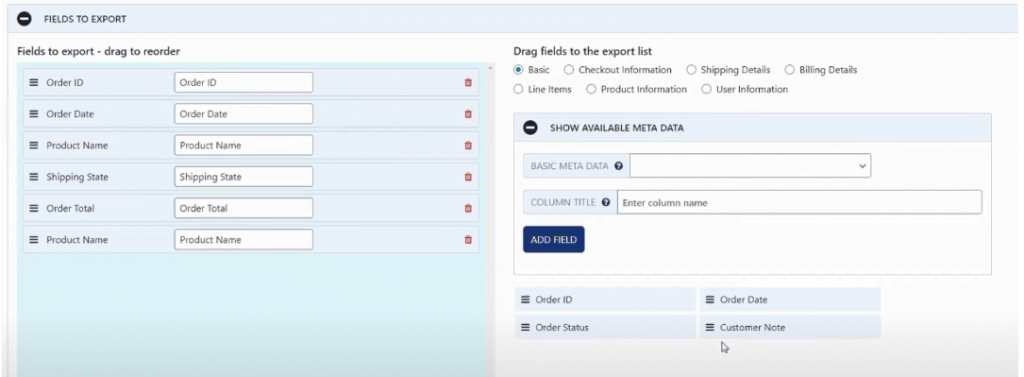 WooCommerce fields to export