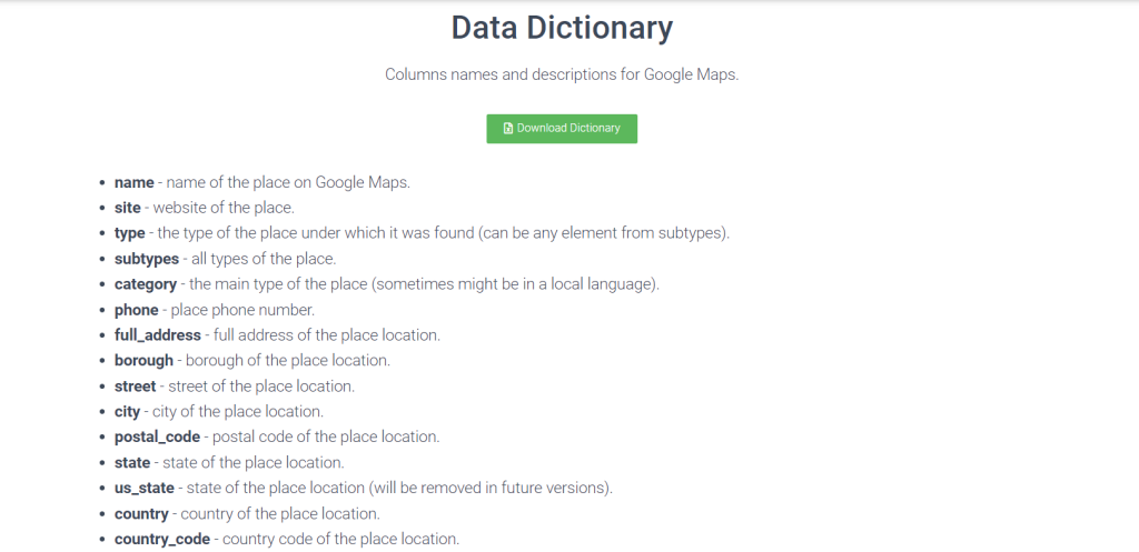 Data dictionary